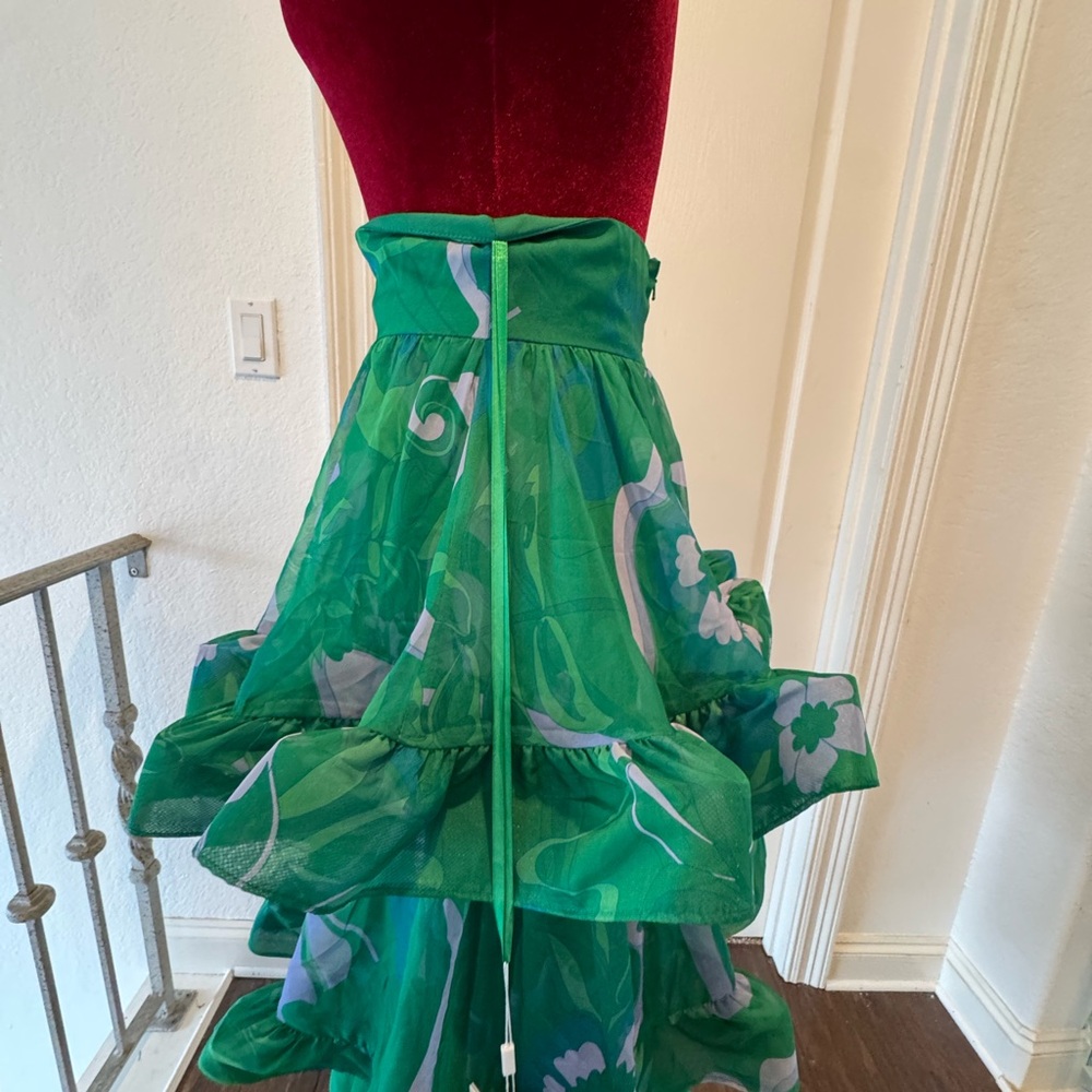 🦄 NWT Mac Duggal Sz 2 Printed Chiffon Green Floral A-Line Tiered Ruffle Skirt - Picture 14 of 16